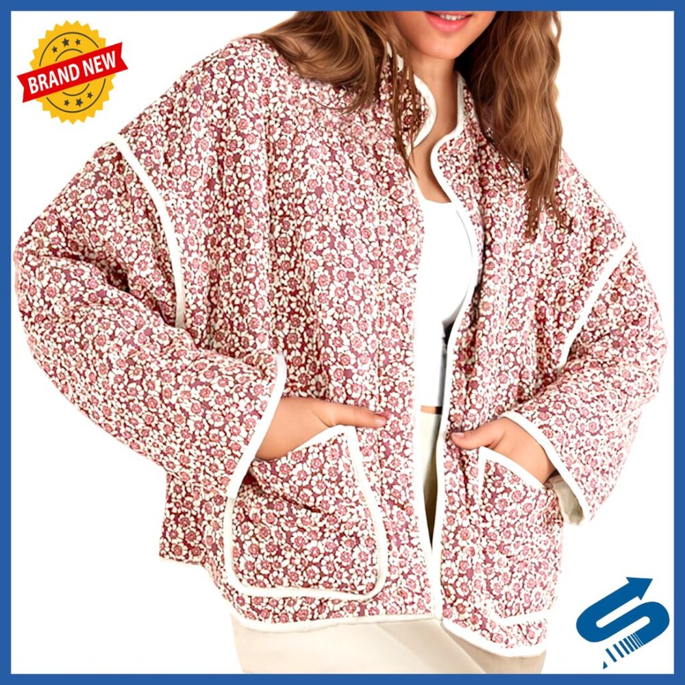 Quilted Lightweight Jacket Open Front Floral Prin… - image 1
